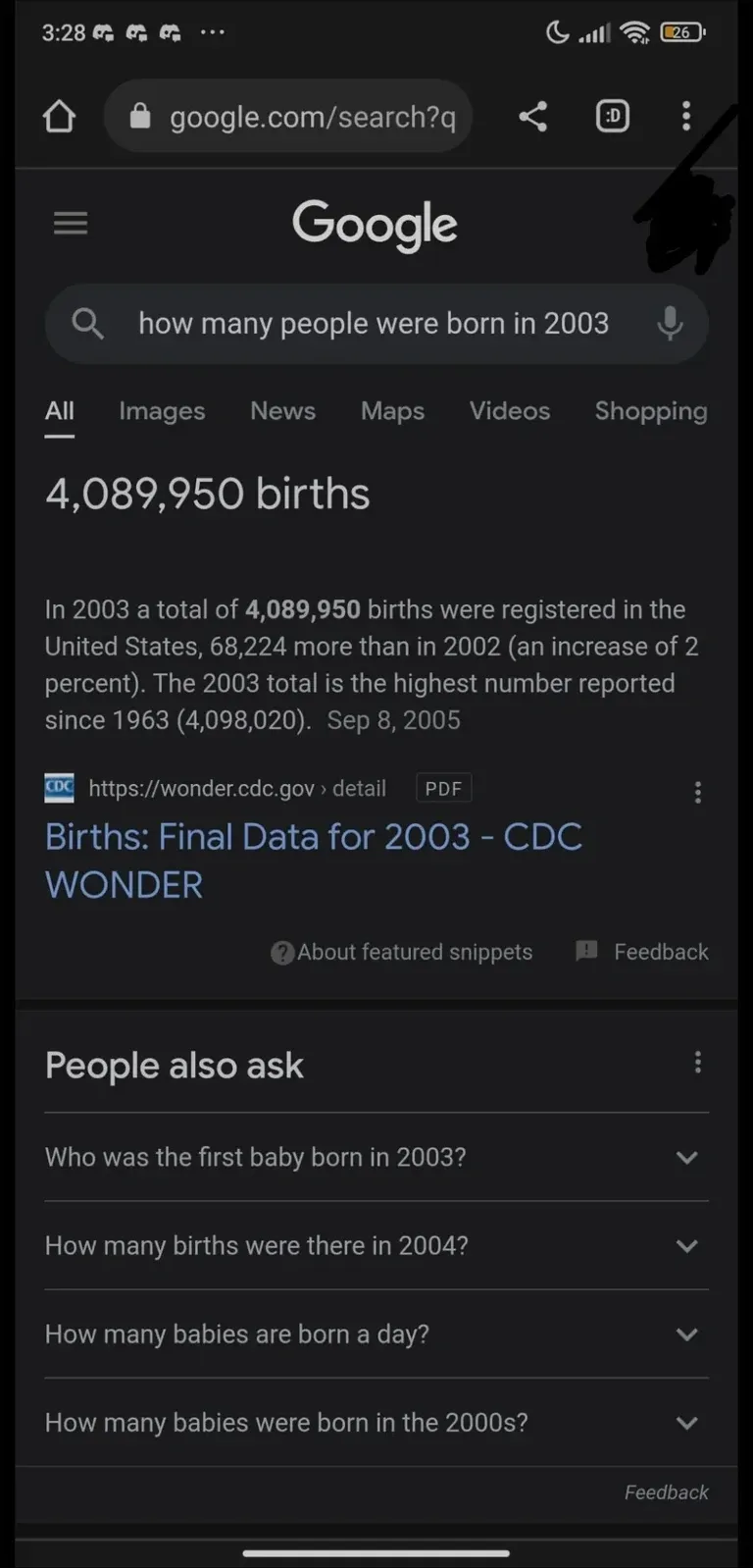 Mobile phone Google search for "how many people were born in 2003" showing a featured snippet with US-only data: "4,089,950 births" from CDC WONDER, stating "In 2003 a total of 4,089,950 births were registered in the United States". People also ask section below with related questions. Google defaulting to American data for a global question.