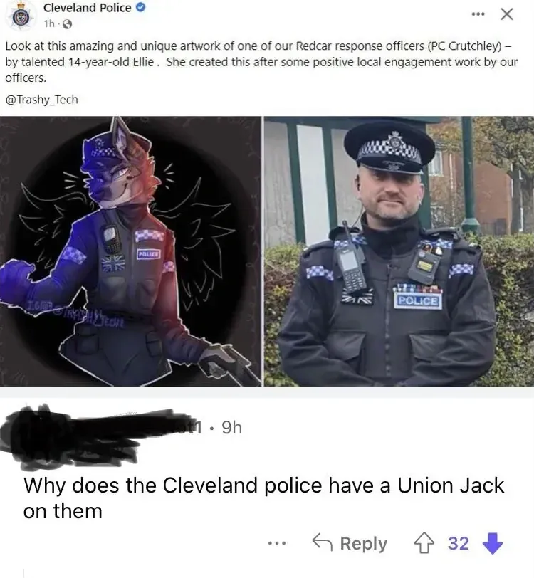 Facebook post from Cleveland Police (UK, verified) sharing artwork of one of their Redcar response officers (PC Crutchley) by a 14-year-old named Ellie, shown alongside a real photo of the officer in British police uniform with checkered cap and Union Jack patch. A comment below asks "Why does the Cleveland police have a Union Jack on them" - - not realising Cleveland is a place in England.