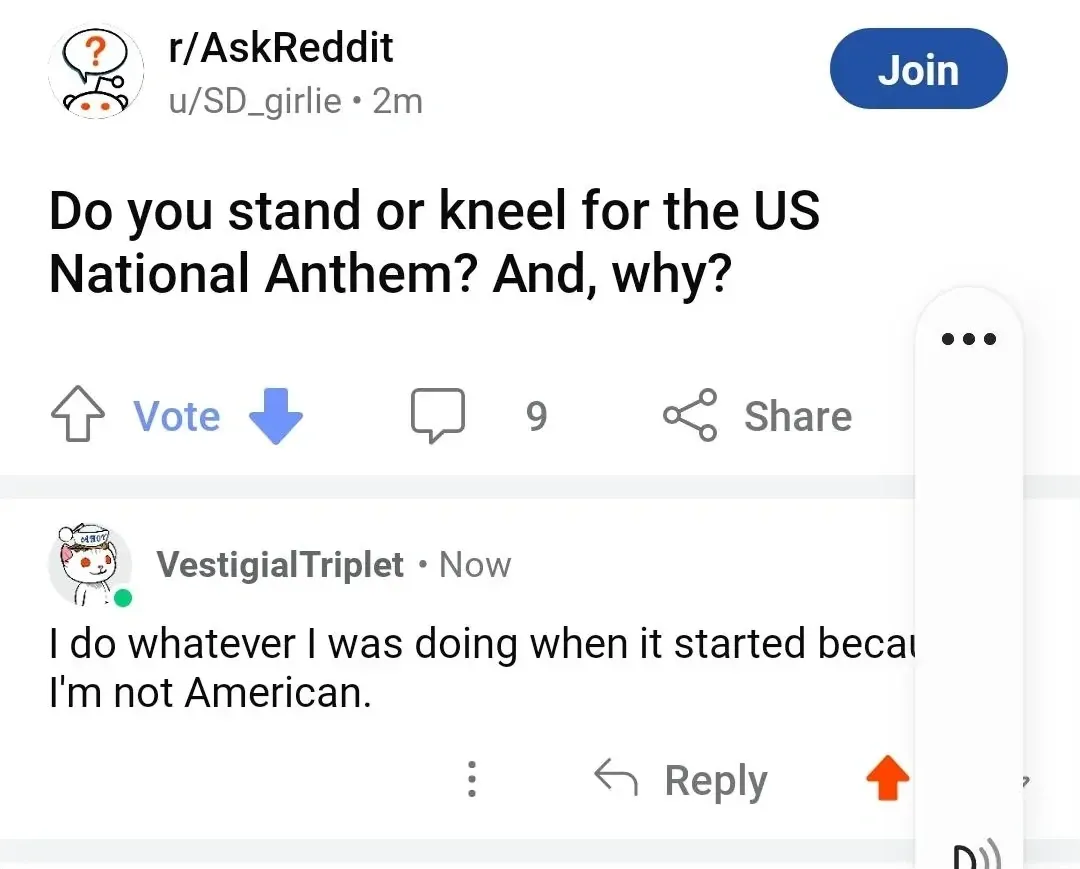 Reddit r/AskReddit post by u/SD_girlie titled "Do you stand or kneel for the US National Anthem? And, why?". Reply from VestigialTriplet reads "I do whatever I was doing when it started because I'm not American."