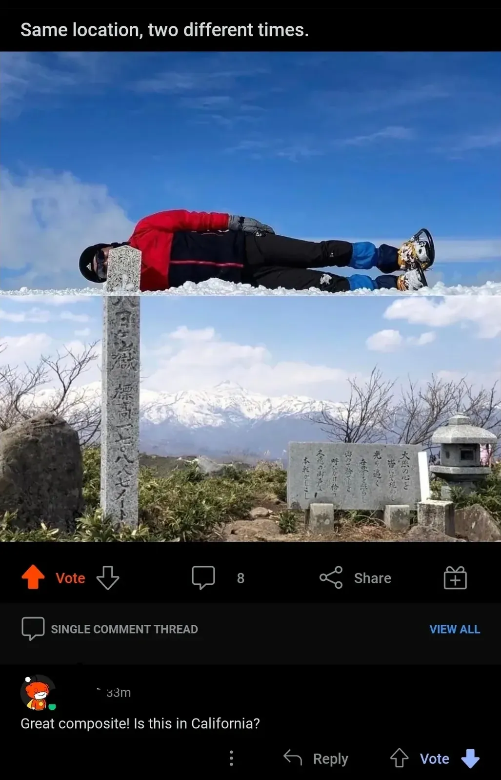 Reddit post titled "Same location, two different times." showing two photos of someone planking on a Japanese mountain summit marker with Japanese text, snowy mountain peaks and clouds in the background. A comment from s3m reads "Great composite! Is this in California?".