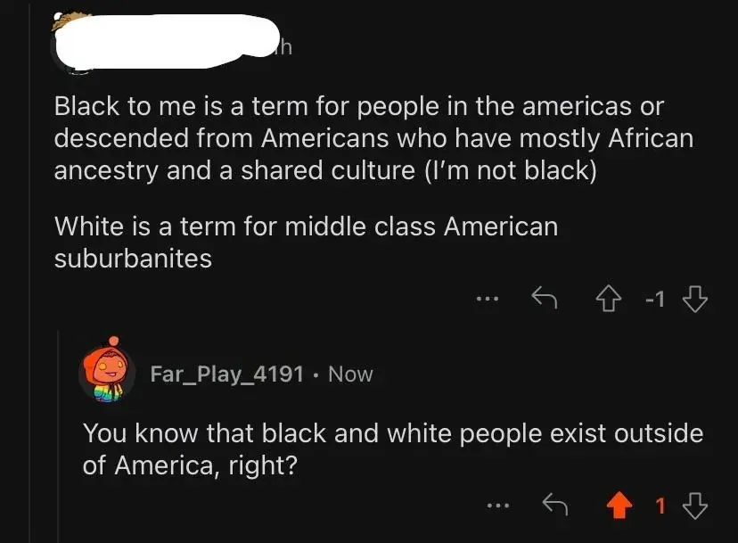 Reddit comment thread. Someone writes "Black to me is a term for people in the americas or descended from Americans who have mostly African ancestry and a shared culture (I'm not black) White is a term for middle class American suburbanites" (-1). Far_Play_4191 replies "You know that black and white people exist outside of America, right?".
