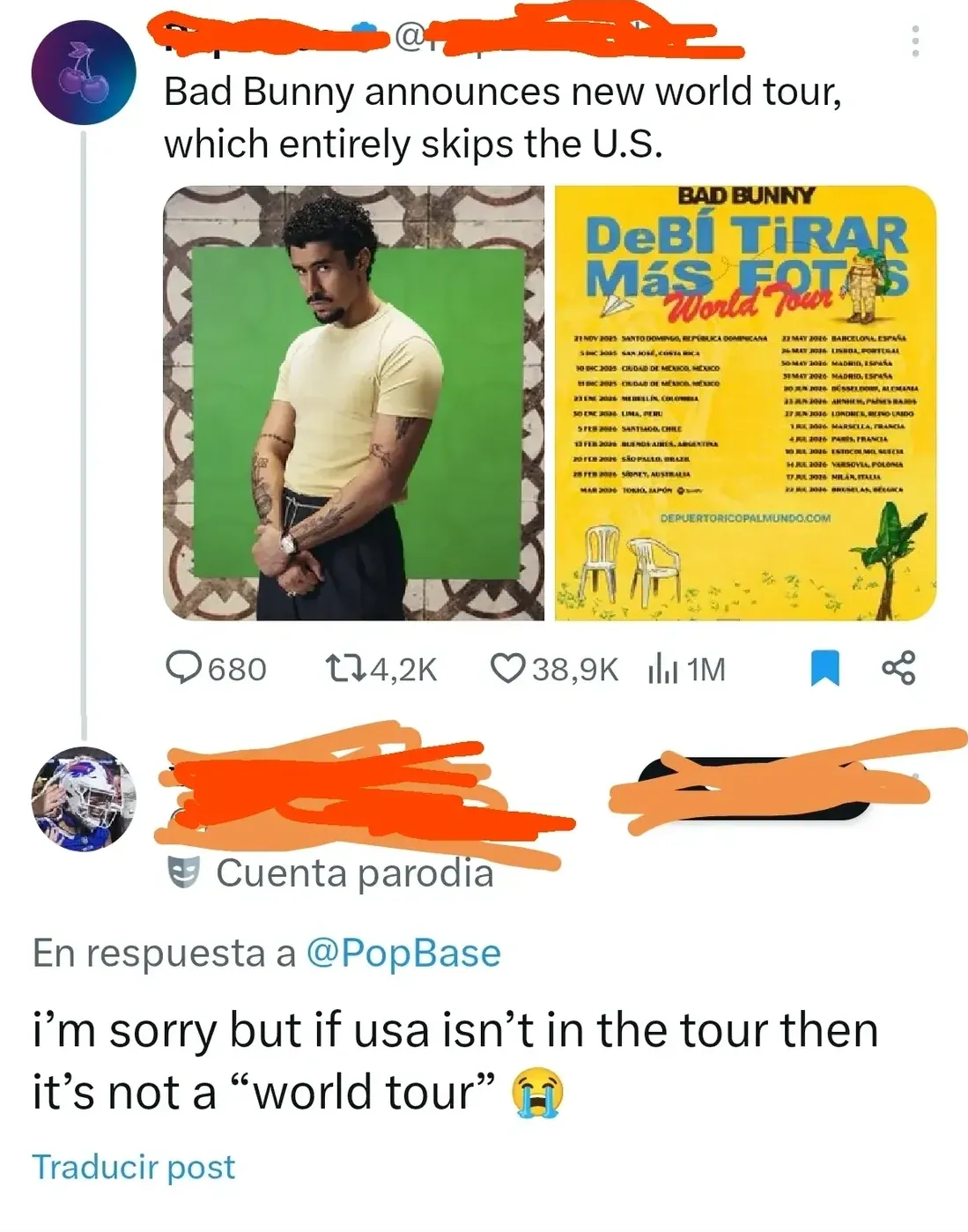 X/Twitter thread in Spanish interface ("Cuenta parodia", "Traducir post"). @PopBase tweets "Bad Bunny announces new world tour, which skips the U.S." with a promotional image of Bad Bunny in a green t-shirt alongside "DeBi TiRAR MAs FOToS World Tour" poster listing tour dates. Reply (username redacted): "i'm sorry but if usa isn't in the tour then it's not a 'world tour'" with a crying emoji.