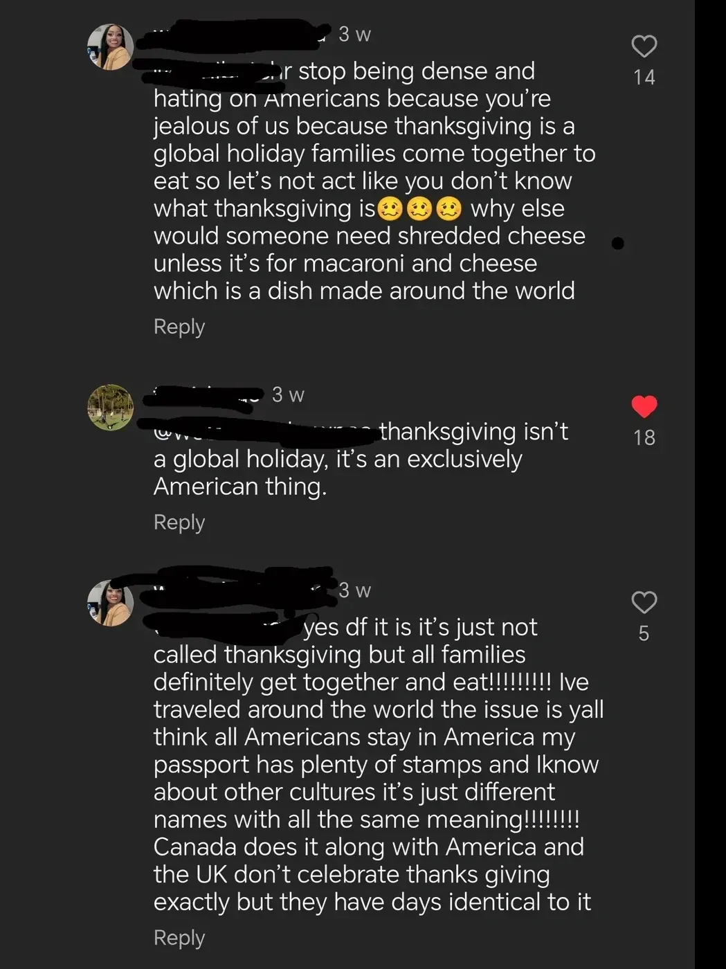TikTok/Instagram comment thread with username redacted. First comment (3w): "r stop being dense and hating on Americans because you're jealous of us because thanksgiving is a global holiday families come together to eat so let's not act like you don't know what thanksgiving is why else would someone need shredded cheese unless it's for macaroni and cheese which is a dish made around the world". Reply (3w): "thanksgiving isn't a global holiday, it's an exclusively American thing." Reply (3w): "yes df it is it's just not called thanksgiving but all families definitely get together and eat!!!!!!!! Ive traveled around the world the issue is yall think all Americans stay in America my passport has plenty of stamps and Iknow about other cultures it's just different names with all the same meaning!!!!!!!! Canada does it along with America and the UK don't celebrate thanks giving exactly but they have days identical to it"