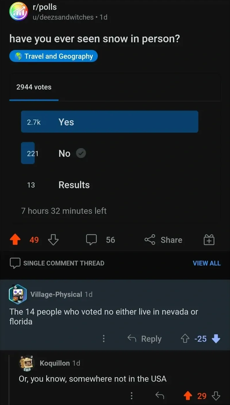 Reddit r/polls post by u/deezsandwitches (1d). Title: "have you ever seen snow in person?" tagged Travel and Geography. 2,944 votes: Yes (2.7k), No (221, selected with checkmark), Results (13). 7 hours 32 minutes left. Single comment thread: Village-Physical (1d, -25 votes): "The 14 people who voted no either live in nevada or florida". Koquillon (1d): "Or, you know, somewhere not in the USA"
