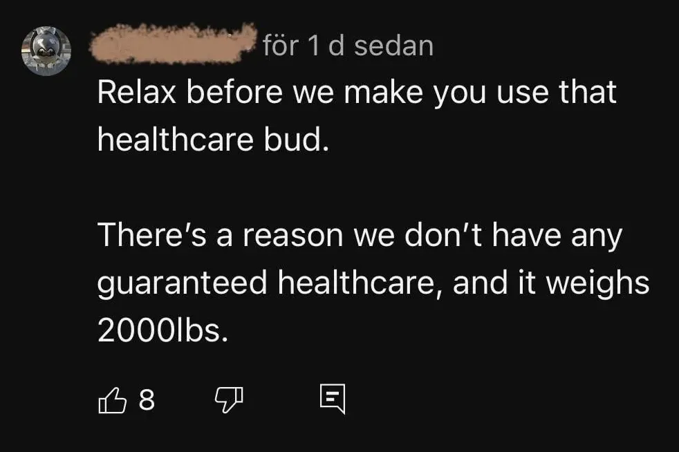 YouTube comment in Swedish interface ("for 1 d sedan"). username redacted. Text: "Relax before we make you use that healthcare bud. There's a reason we don't have any guaranteed healthcare, and it weighs 2000lbs."