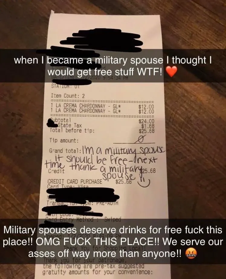 Snapchat screenshot. Caption at top: "when I became a military spouse I thought I would get free stuff! WTF!" with a red heart emoji. Photo shows a receipt from what appears to be a cafe/restaurant with items totalling around $5. Handwritten text on the receipt: "I'm a military spouse it should be free- no it's not free-bye" (text partially legible). Caption at bottom: "Military spouses deserve drinks for free fuck this place!! OMG FUCK THIS PLACE!! We serve our asses off way more than anyone!!" with angry emoji.