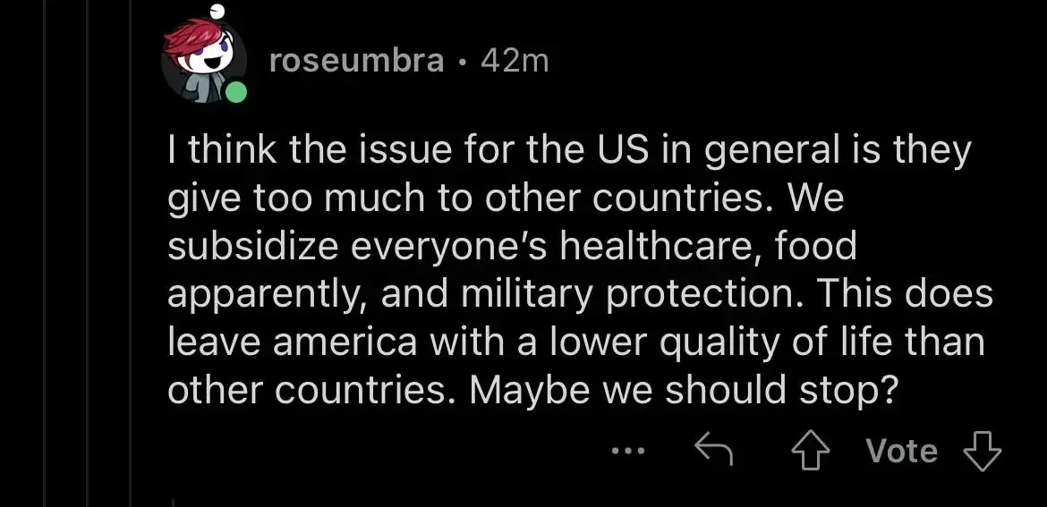 Reddit comment from roseumbra (42m): "I think the issue for the US in general is they give too much to other countries. We subsidize everyone's healthcare, food apparently, and military protection. This does leave america with a lower quality of life than other countries. Maybe we should stop?"