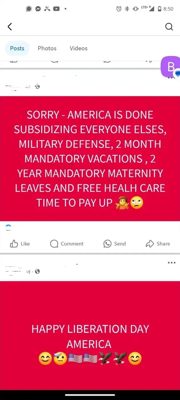 Facebook mobile screenshot. Two posts visible. First: red background image with white all-caps text: "SORRY - AMERICA IS DONE SUBSIDIZING EVERYONE ELSES, MILITARY DEFENSE, 2 MONTH MANDATORY VACATIONS, 2 YEAR MANDATORY MATERNITY LEAVES AND FREE HEALH CARE TIME TO PAY UP" with shrug and eye-roll emojis. Second post below: red background with text "HAPPY LIBERATION DAY AMERICA" with smiling, salute, American flag, bald eagle, and firework emojis.