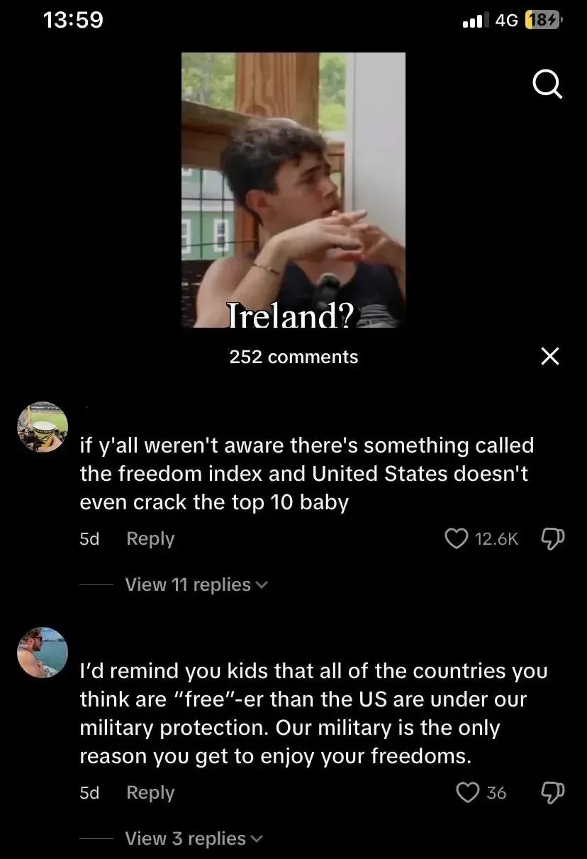 TikTok screenshot. Video still shows a young man gesturing with caption "Ireland?". First comment (5d): "if y'all weren't aware there's something called the freedom index and United States doesn't even crack the top 10 baby". Second comment (5d): "I'd remind you kids that all of the countries you think are 'free'-er than the US are under our military protection. Our military is the only reason you get to enjoy your freedoms."