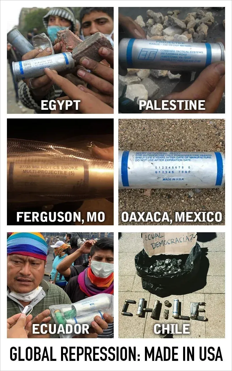 Collage image titled "GLOBAL REPRESSION: MADE IN USA". Six photos of tear gas canisters from different countries in a grid: Egypt (people handling a canister), Palestine (canister on ground), Ferguson, MO (canister on asphalt), Oaxaca, Mexico (close-up of "Combined Tactical Systems" canister), Ecuador (dark shattered fragments), Chile (canister with "CHILE" spray-painted on wall behind). All canisters are US-manufactured.