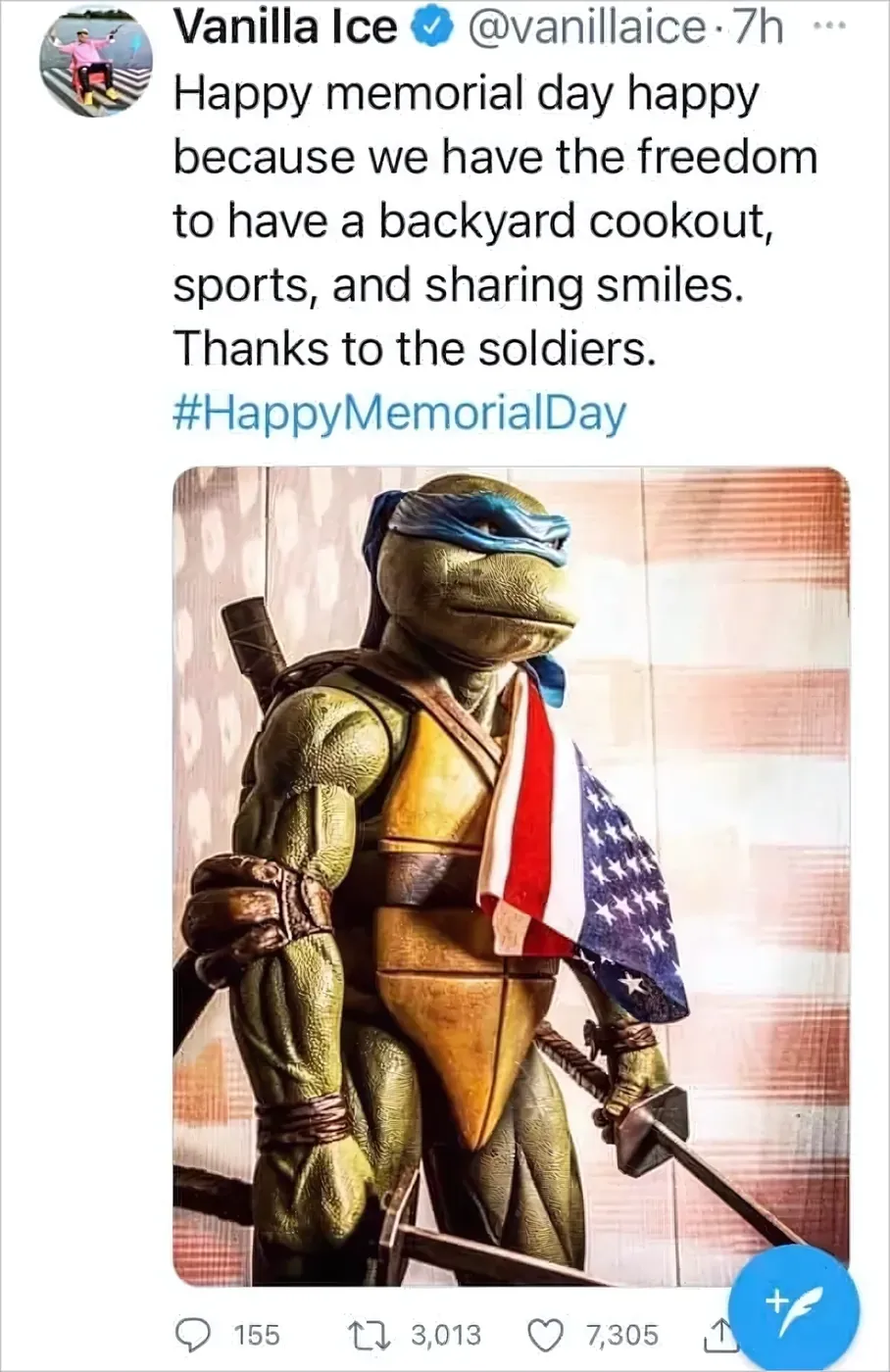 Twitter/X tweet from Vanilla Ice (@vanillaice, verified, 7h): "Happy memorial day happy because we have the freedom to have a backyard cookout, sports, and sharing smiles. Thanks to the soldiers. #HappyMemorialDay". Attached image shows a Teenage Mutant Ninja Turtle (Leonardo) figure draped in an American flag, standing in front of an American flag background.