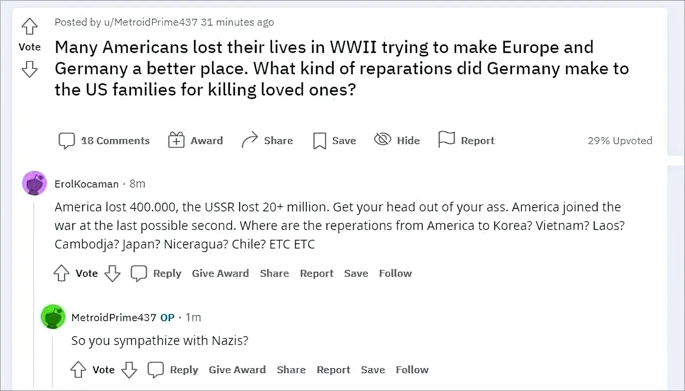 Reddit post from u/MetroidPrime437 (31 minutes ago). Title: "Many Americans lost their lives in WWII trying to make Europe and Germany a better place. What kind of reparations did Germany make to the US families for killing loved ones?" (29% Upvoted). Comment from ErolKocaman (8m): "America lost 400.000, the USSR lost 20+ million. Get your head out of your ass. America joined the war at the last possible second. Where are the reperations from America to Korea? Vietnam? Laos? Cambodja? Japan? Niceragua? Chile? ETC ETC". Reply from MetroidPrime437 (OP, 1m): "So you sympathize with Nazis?"