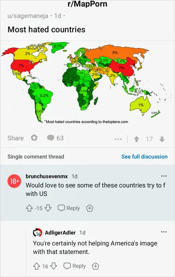 Reddit post on r/MapPorn by u/sagemaneja (1d). Title: "Most hated countries". Image shows a colour-coded world map with hate percentages - USA at 7%, Russia at 5%, China at 7%, with source "Most hated countries according to thetoptens.com". Post has. Single comment thread: brunchusevenmx (18+ avatar, 1d, -15 votes): "Would love to see some of these countries try to f with US". Reply from AdligerAdler (1d): "You're certainly not helping America's image with that statement."