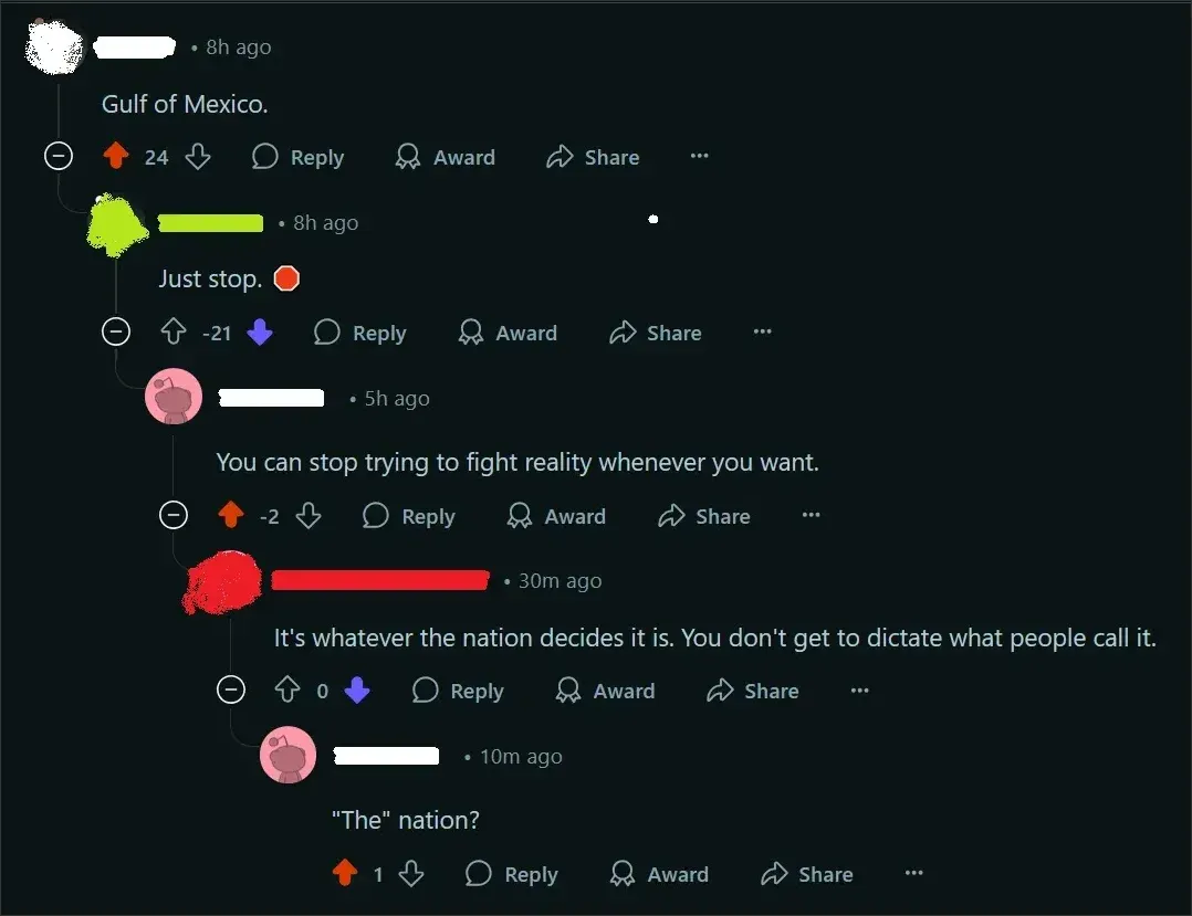 Reddit comment thread. First comment (username scribbled, 8h ago): "Gulf of Mexico." Reply (green/lime Snoo, username scribbled, 8h ago, -21 votes, downvoted): "Just stop. [red circle emoji]" Reply (pink cat Snoo, username scribbled, 5h ago, -2 votes): "You can stop trying to fight reality whenever you want." Reply (red Snoo, username scribbled, 30m ago, 0 votes, downvoted): "It's whatever the nation decides it is. You don't get to dictate what people call it." Reply (pink cat Snoo, username scribbled, 10m ago): "'The' nation?"
