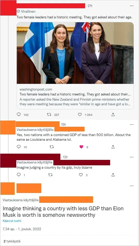 Twitter/X thread in Finnish interface ("Virallinen", "Vastauksena kayttajalle", "Kaanna twiitti", "tykkaysta"). Original tweet (verified, 21t): "Two female leaders had a historic meeting. They got asked about their age." with washingtonpost.com article link and photo of Sanna Marin and Jacinda Ardern standing side by side with Finnish and NZ flags behind them. Reply (username scribbled orange, 19t): "Yes, two nations with a combined GDP of less than 500 billion. About the same as Louisiana and Alabama lol." Reply (username scribbled orange, 12t): "Imagine judging a country by its gdp, truly bizarre" Reply (username scribbled orange, 7.34 ap. - 1. jouluk. 2022, 2 tykkaysta): "Imagine thinking a country with less GDP than Elon Musk is worth is somehow newsworthy"