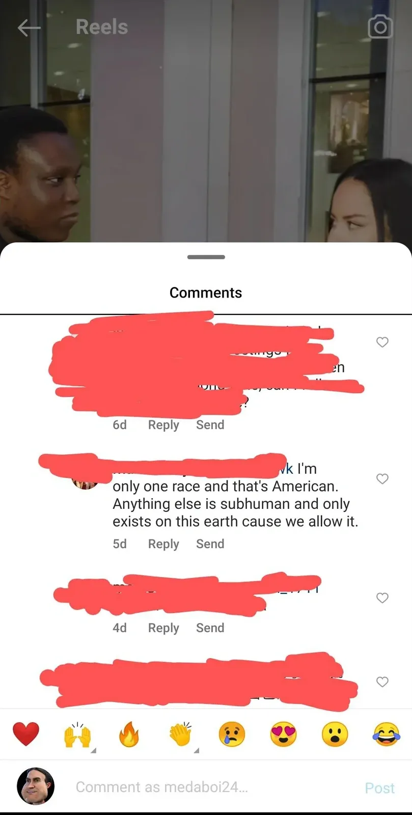Instagram Reels comment section. Video still shows a Black man and an Asian woman in a store interior. One visible comment (5d): I'm only one race and that's American. Anything else is subhuman and only exists on this earth cause we allow it.