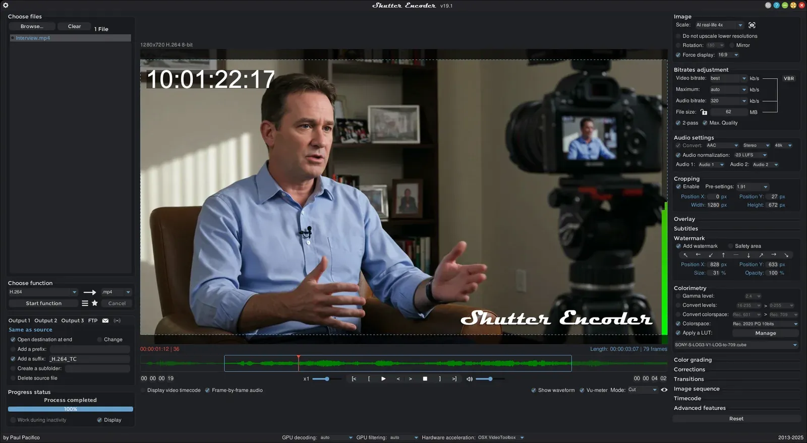 The Shutter Encoder interface showing a video being processed with subtitle, cropping and encoding settings