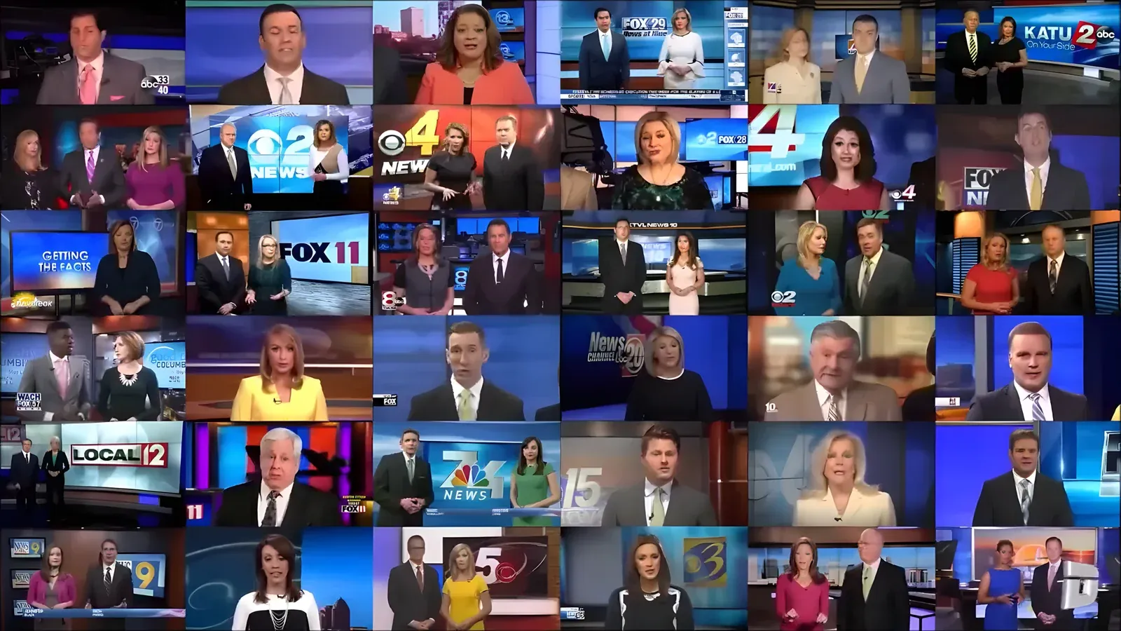 Grid of dozens of local TV news anchors from different Sinclair-owned stations, all reading the same script