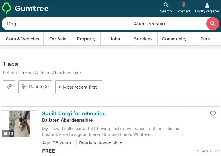 Gumtree listing screenshot - Search for Dog in Aberdeenshire. Listing: Spoilt Corgi for rehoming, Ballater, Aberdeenshire. Description reads My maw finally carked it! Loving mah new hoose, but her dug is a bastard. Free to a good home. Or a bad home. Whatever. Age: 96 years. Ready to leave: Now. FREE. 8 Sep 2022