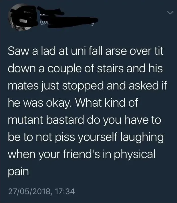 Tweet (handle obscured, 27/05/2018) - Saw a lad at uni fall arse over tit down a couple of stairs and his mates just stopped and asked if he was okay. What kind of mutant bastard do you have to be to not piss yourself laughing when your friend's in physical pain