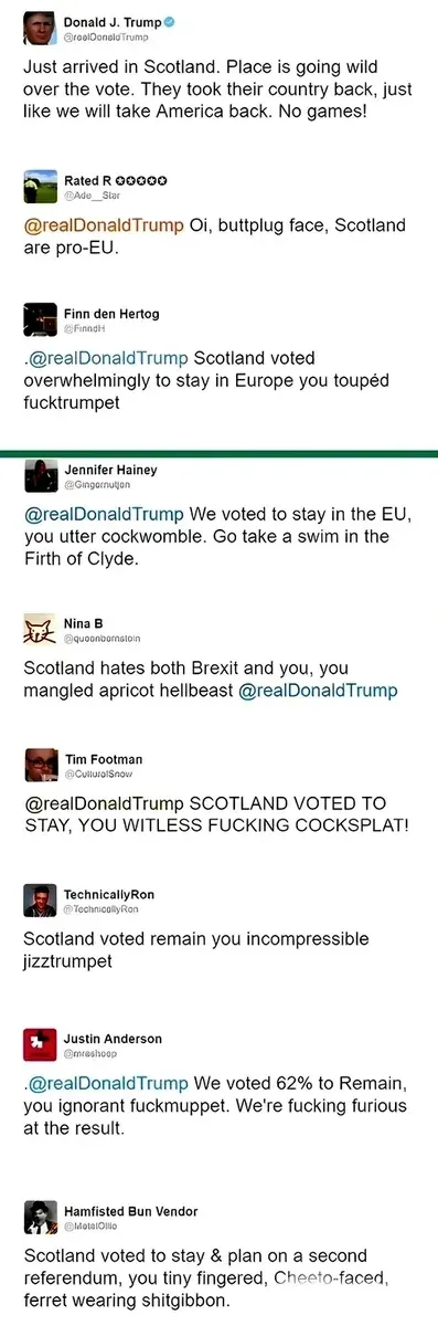 Trump @realDonaldTrump tweet - Just arrived in Scotland. Place is going wild over the vote. They took their country back, just like we will take America back. No games! Followed by a thread of Scottish reply insults including "Oi, buttplug face, Scotland are pro-EU", "you touped fucktrumpet", "you utter cockwomble. Go take a swim in the Firth of Clyde", "you mangled apricot hellbeast", "YOU WITLESS FUCKING COCKSPLAT!", "you incompressible jizztrumpet", "you ignorant fuckmuppet", and "you tiny fingered, Cheeto-faced, ferret wearing shitgibbon"