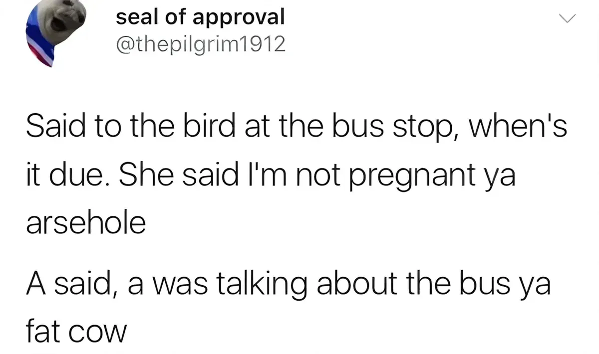 seal of approval @thepilgrim1912 tweet - Said to the bird at the bus stop, when's it due. She said I'm not pregnant ya arsehole. A said, a was talking about the bus ya fat cow