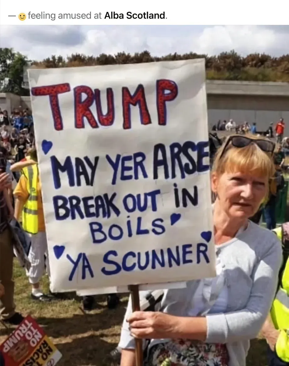 Facebook post - feeling amused at Alba Scotland. Photo of an older woman at a protest holding a handwritten sign reading "TRUMP MAY YER ARSE BREAK OUT IN BOILS YA SCUNNER" with other protesters and a "No Trump" sign visible behind her