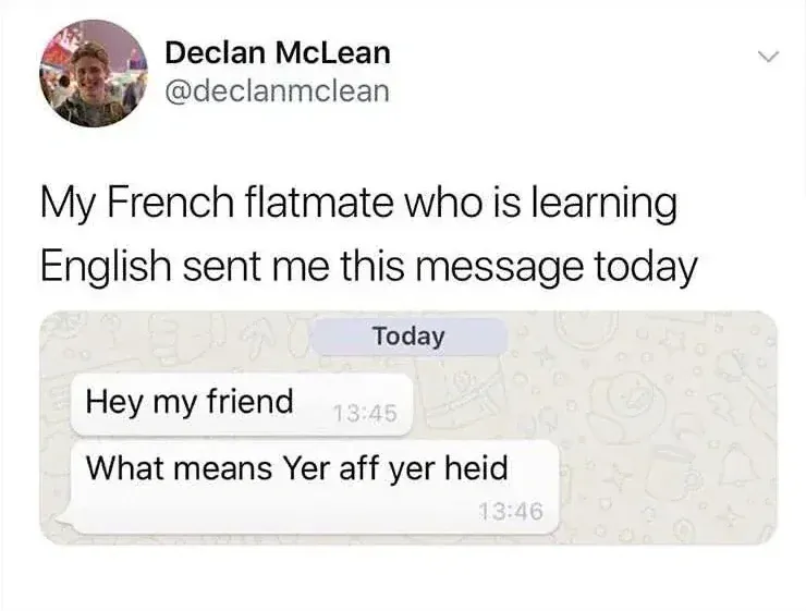 Declan McLean @declanmclean tweet - My French flatmate who is learning English sent me this message today. Screenshot of WhatsApp message: "Hey my friend" / "What means Yer aff yer heid"