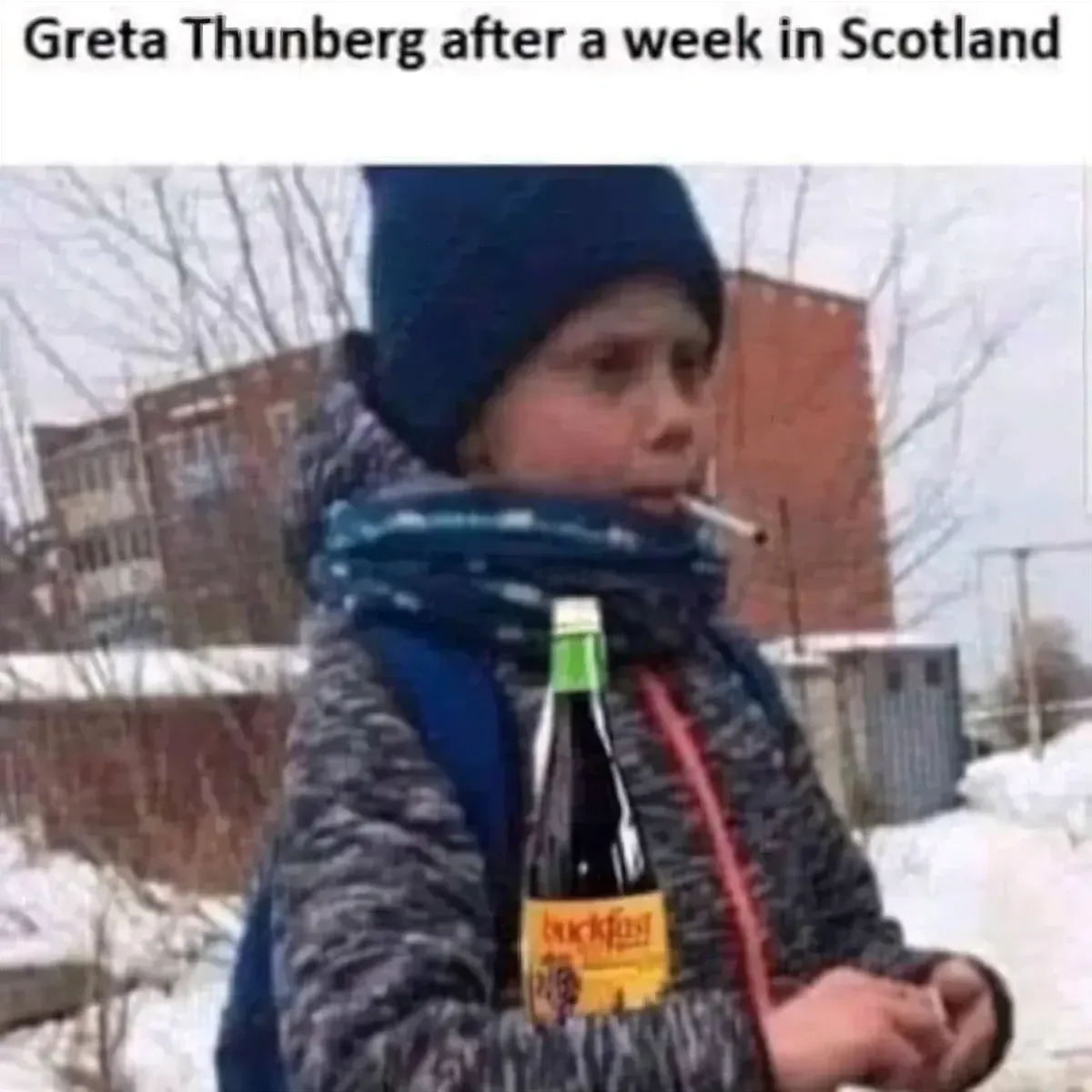 Meme - Greta Thunberg after a week in Scotland. Photo of a young person in winter clothing with a cigarette in their mouth holding a bottle of Buckfast