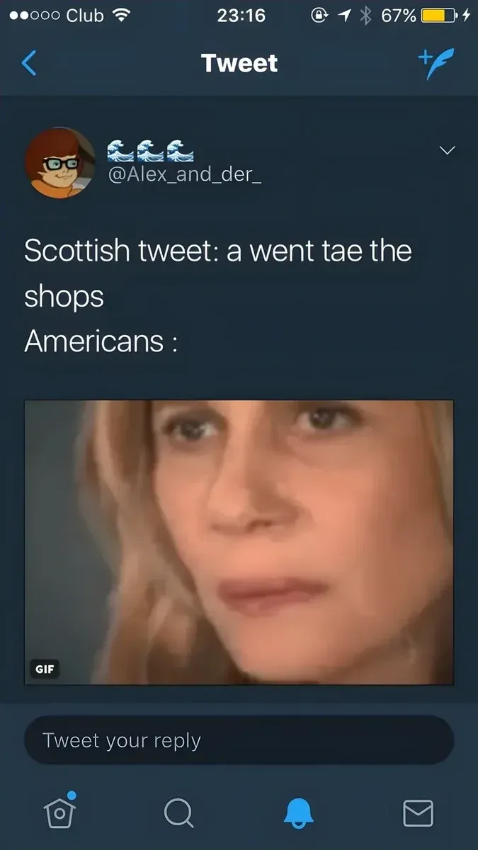 @Alex_and_der_ tweet - Scottish tweet: a went tae the shops. Americans: followed by a GIF of a confused-looking blonde woman
