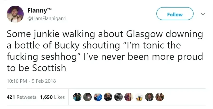 Flanny @LiamFlannigan1 tweet - Some junkie walking about Glasgow downing a bottle of Bucky shouting "I'm tonic the fucking seshhog" I've never been more proud to be Scottish. 9 Feb 2018.