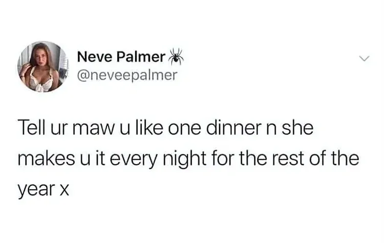 Neve Palmer @neveepalmer tweet - Tell ur maw u like one dinner n she makes u it every night for the rest of the year x