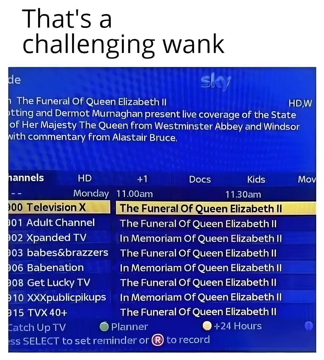 Meme - That's a challenging wank. Screenshot of Sky TV guide showing The Funeral Of Queen Elizabeth II broadcast on every adult channel including Television X, Adult Channel, Xpanded TV, babes&brazzers, Babenation, Get Lucky TV, XXXpublicpikups, TVX 40+