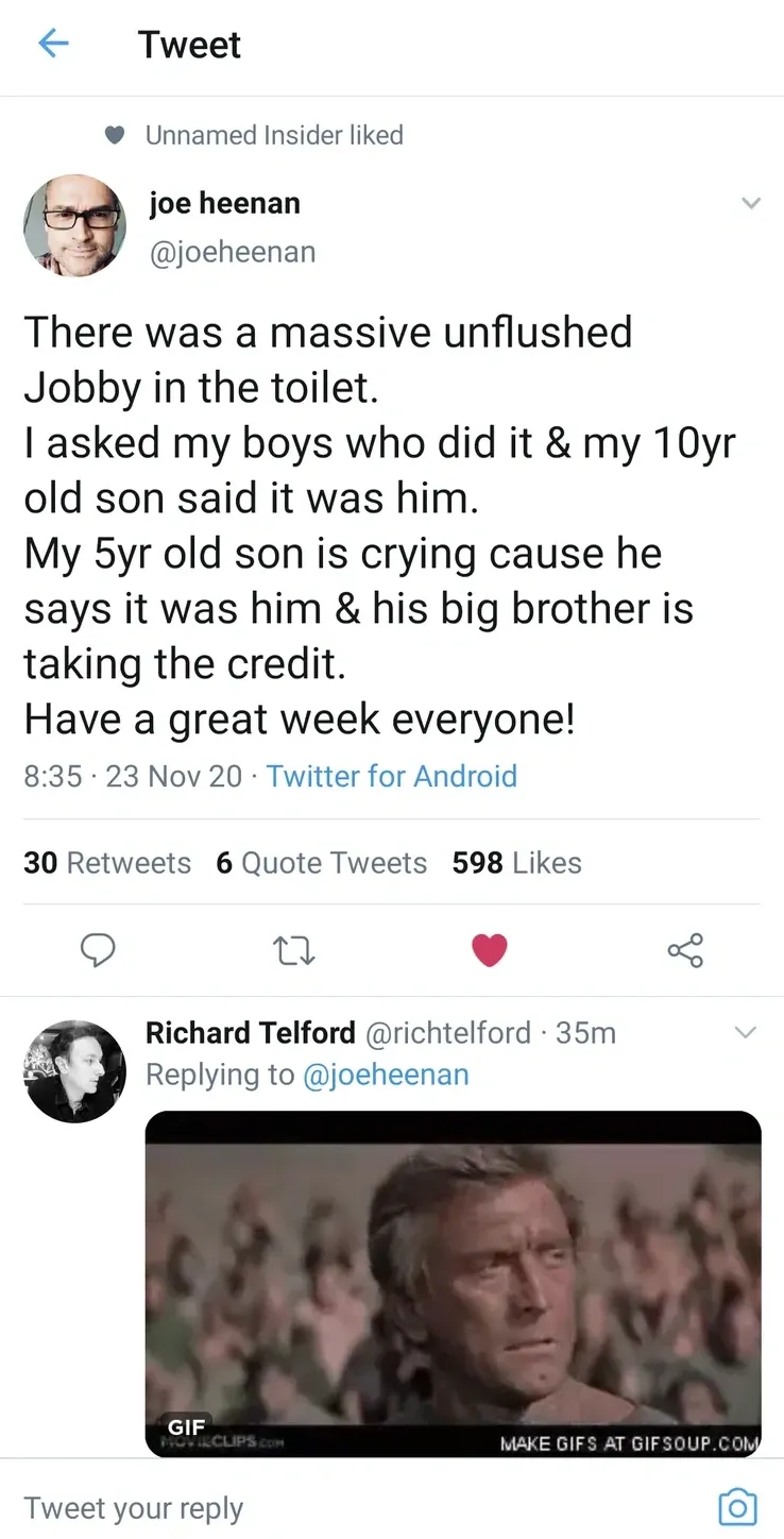 joe heenan @joeheenan tweet (23 Nov 20) - There was a massive unflushed Jobby in the toilet. I asked my boys who did it and my 10yr old son said it was him. My 5yr old son is crying cause he says it was him and his big brother is taking the credit. Have a great week everyone! Reply from Richard Telford @richtelford with a saluting GIF