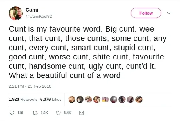 Cami @CamiKool92 tweet (23 Feb 2018) - Cunt is my favourite word. Big cunt, wee cunt, that cunt, those cunts, some cunt, any cunt, every cunt, smart cunt, stupid cunt, good cunt, worse cunt, shite cunt, favourite cunt, handsome cunt, ugly cunt, cunt'd it. What a beautiful cunt of a word.