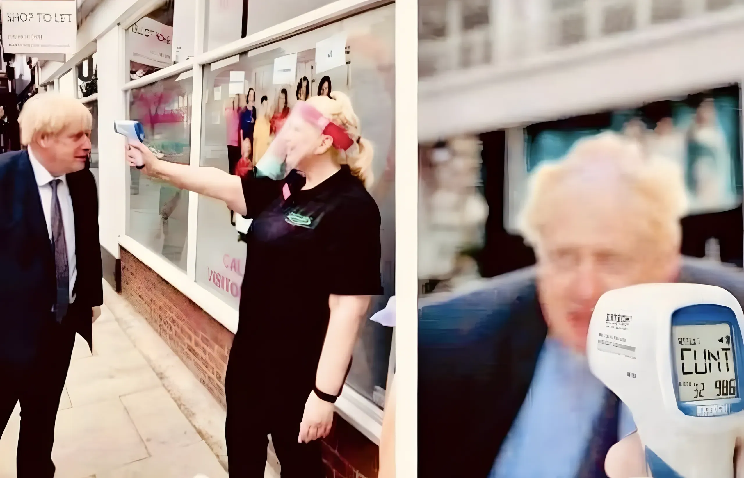 Two-panel photo of Boris Johnson having his temperature taken outside a shop. Close-up of the thermometer display reads CUNT instead of a temperature