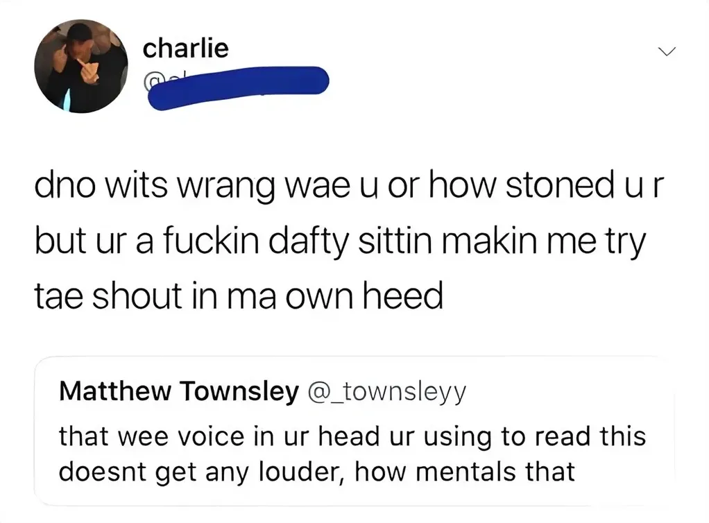 charlie (handle obscured) quote tweet of Matthew Townsley @_townsleyy who said that wee voice in ur head ur using to read this doesnt get any louder, how mentals that. Charlie replies - dno wits wrang wae u or how stoned u r but ur a fuckin dafty sittin makin me try tae shout in ma own heed (duplicate of part 1 image 15, different crop)