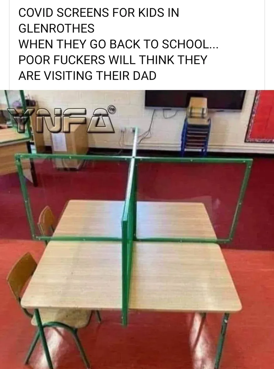 Meme - COVID screens for kids in Glenrothes when they go back to school... Poor fuckers will think they are visiting their dad. Photo of school desks with perspex dividers resembling prison visiting booths