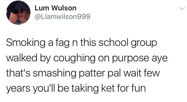 Lum Wulson @Liamwilson999 tweet - Smoking a fag n this school group walked by coughing on purpose aye that's smashing patter pal wait few years you'll be taking ket for fun