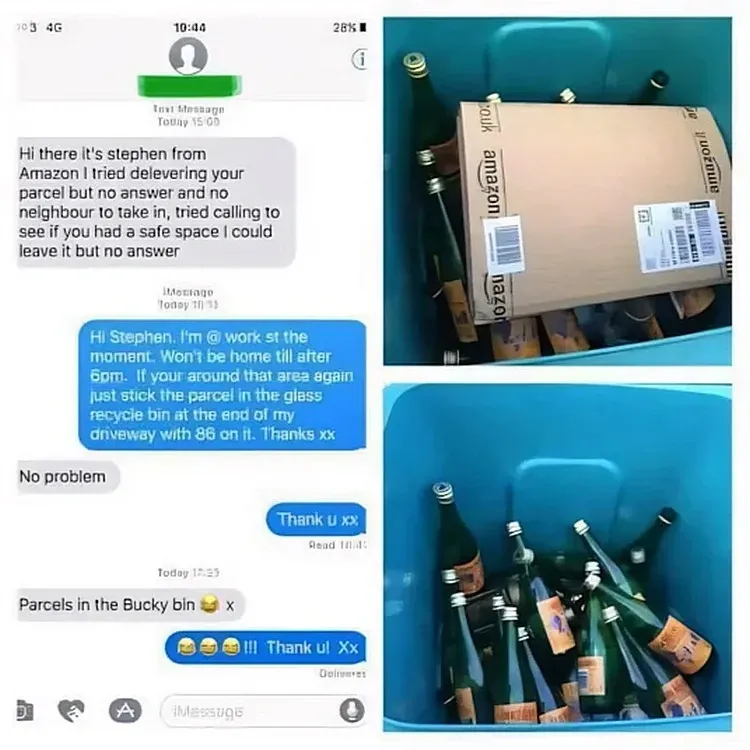 Screenshot collage - Text conversation with Amazon delivery driver Stephen who can't deliver a parcel. Recipient says stick the parcel in the glass recycle bin at the end of my driveway with 86 on it. Driver later texts Parcels in the Bucky bin. Photos show an Amazon parcel sitting in a blue recycling bin full of Buckfast bottles
