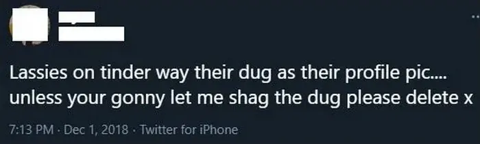 Tweet (handle obscured, Dec 1, 2018) - Lassies on tinder way their dug as their profile pic.... unless your gonny let me shag the dug please delete x