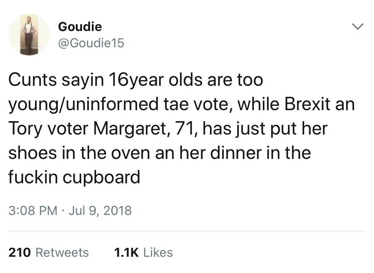 Goudie @Goudie15 tweet (Jul 9, 2018) - Cunts sayin 16year olds are too young/uninformed tae vote, while Brexit an Tory voter Margaret, 71, has just put her shoes in the oven an her dinner in the fuckin cupboard.