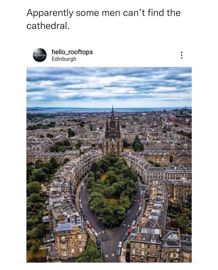 Instagram post from hello_rooftops in Edinburgh - Apparently some men can't find the cathedral. Aerial photo of Edinburgh showing the cathedral prominently in the cityscape