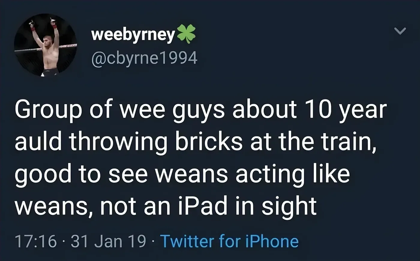 weebyrney @cbyrne1994 tweet (31 Jan 19) - Group of wee guys about 10 year auld throwing bricks at the train, good to see weans acting like weans, not an iPad in sight
