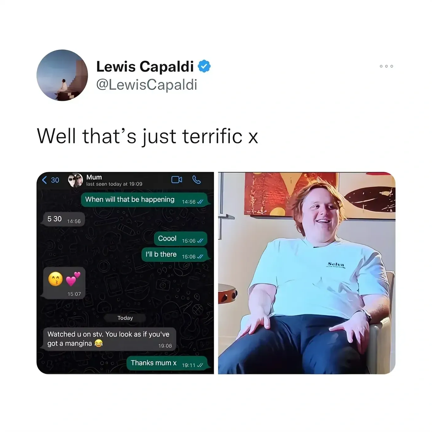 Lewis Capaldi @LewisCapaldi tweet - Well that's just terrific x. Two screenshots: WhatsApp with Mum where she sends heart emojis about an event then later texts "Watched u on stv. You look as if you've got a mangina", he replies "Thanks mum x". Photo of Capaldi sitting in a chair