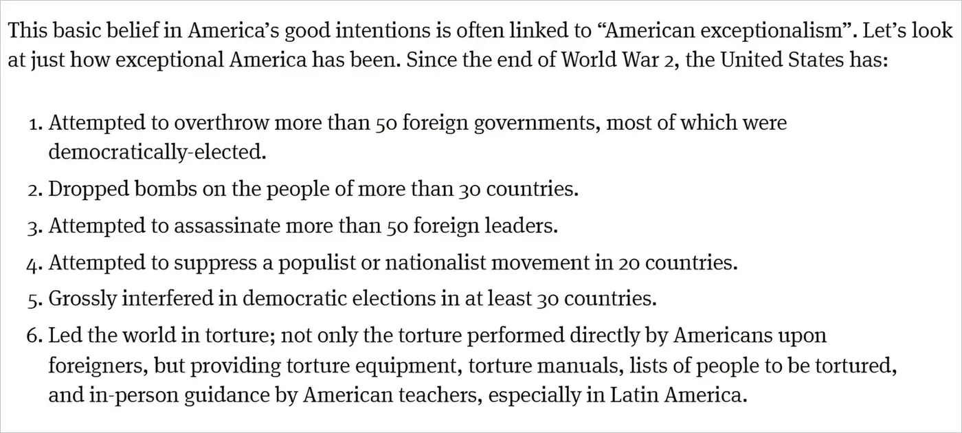 Excerpt from William Blum listing six ways America has been 'exceptional' since WW2: attempted to overthrow 50+ foreign governments, bombed 30+ countries, attempted to assassinate 50+ foreign leaders, suppressed populist movements in 20 countries, interfered in elections in 30+ countries, and led the world in torture