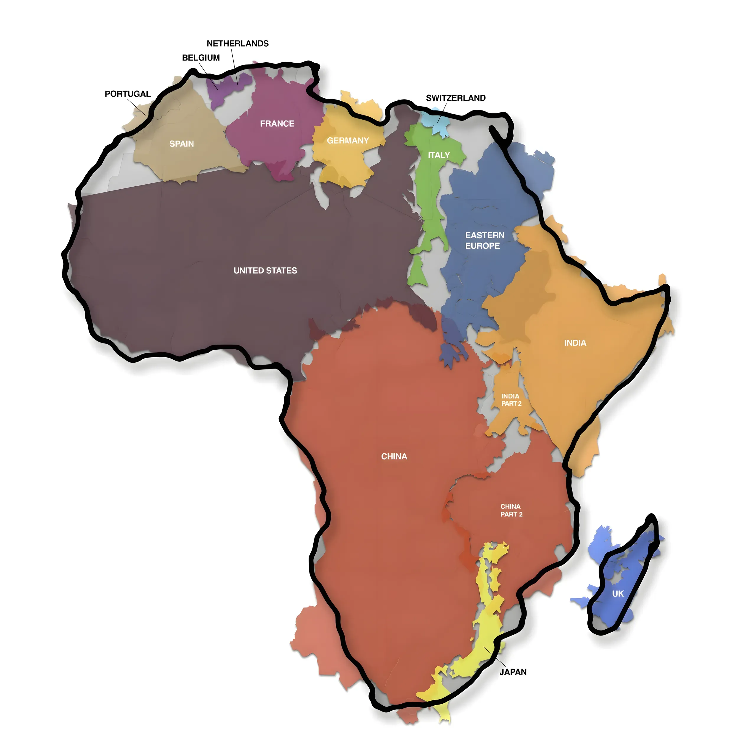 Map of Africa with loads of huge countries fitting inside it