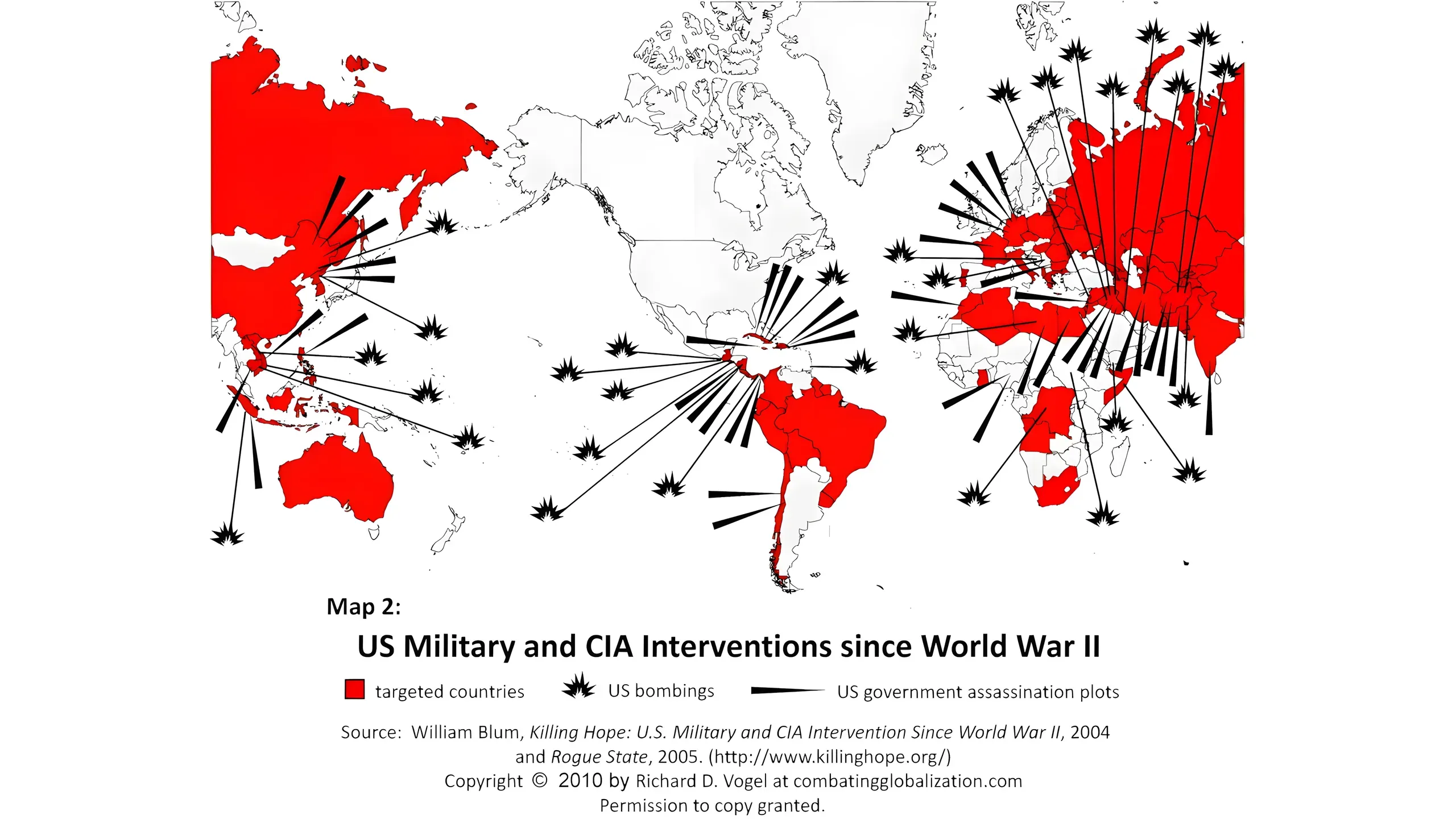 World map showing US Military and CIA Interventions since World War II, with targeted countries in red, bomb symbols for US bombings, and lines marking US government assassination plots