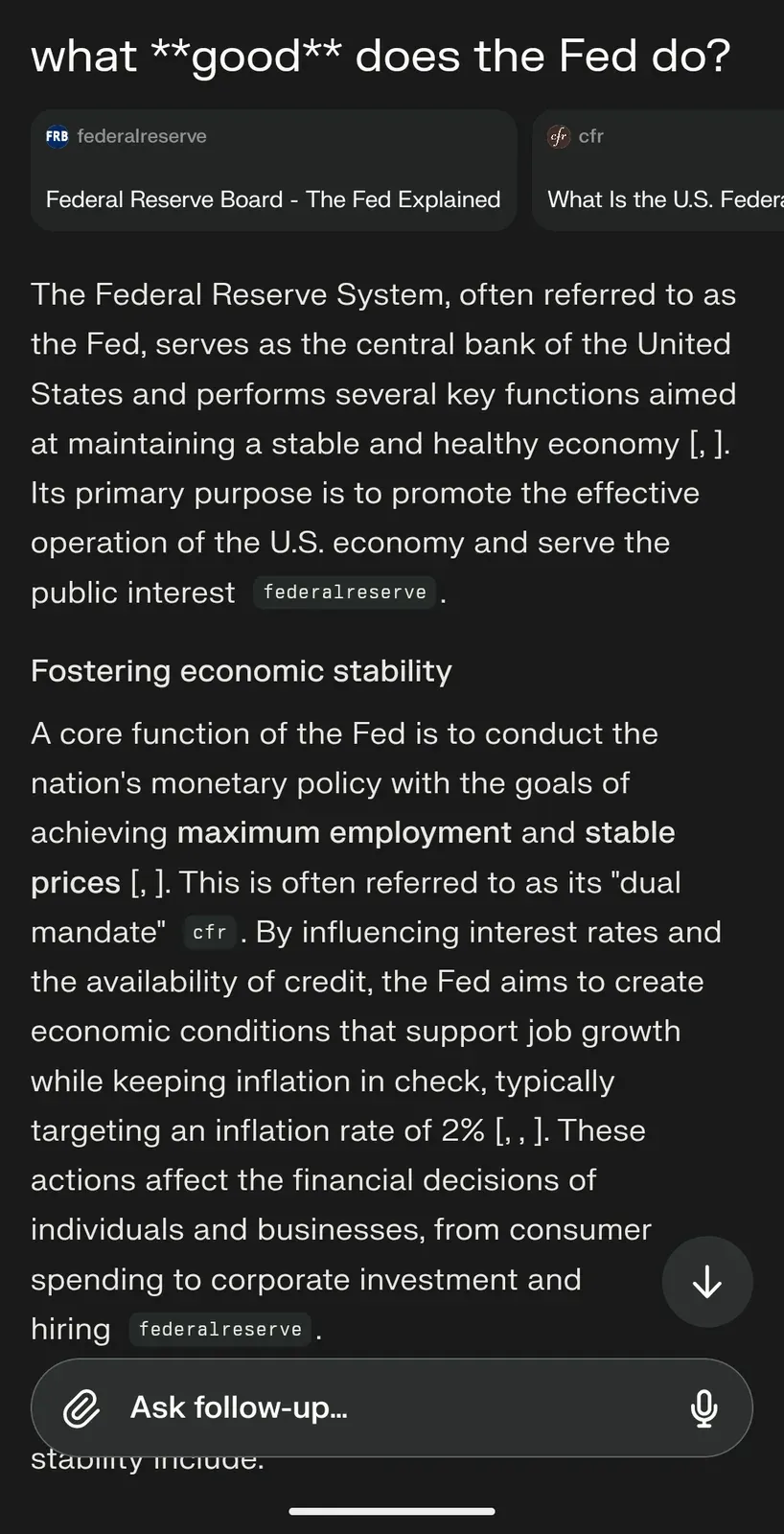 AI chat screenshot: user asks what good does the Fed do - AI explains the Federal Reserve as central bank, its dual mandate of maximum employment and stable prices, and role in fostering economic stability