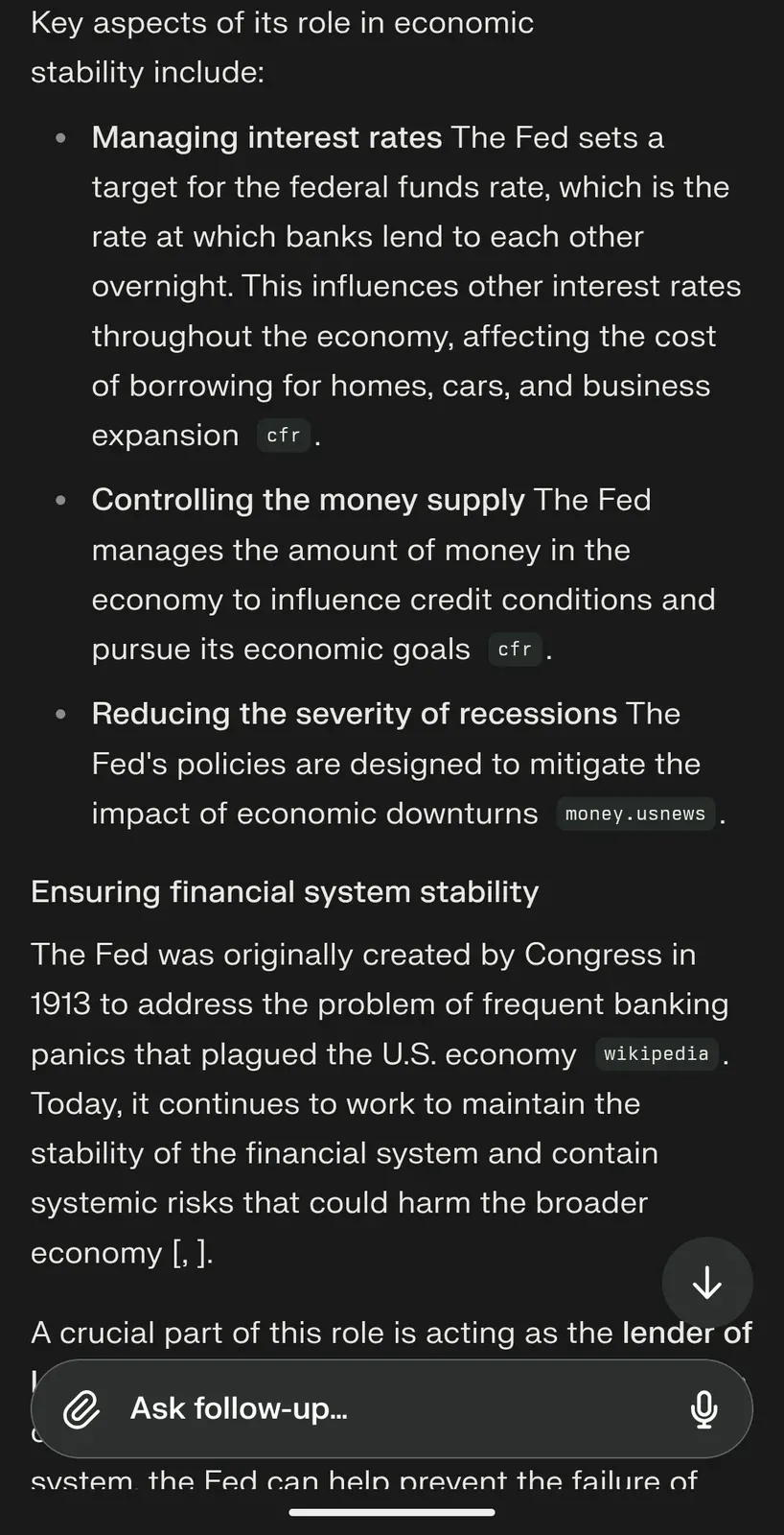 AI chat screenshot: continuation listing the Fed key functions - managing interest rates, controlling money supply, reducing severity of recessions, ensuring financial system stability as lender of last resort